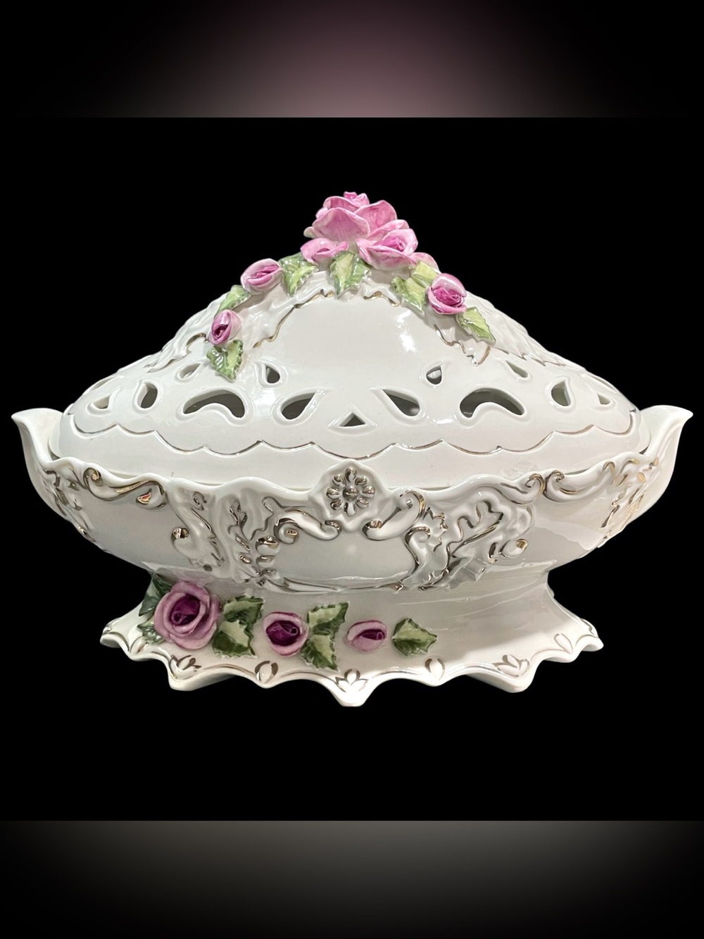 Vintage 1960s Porcelain Lidded Oval Footed Dish Made in Japan - Applied Roses